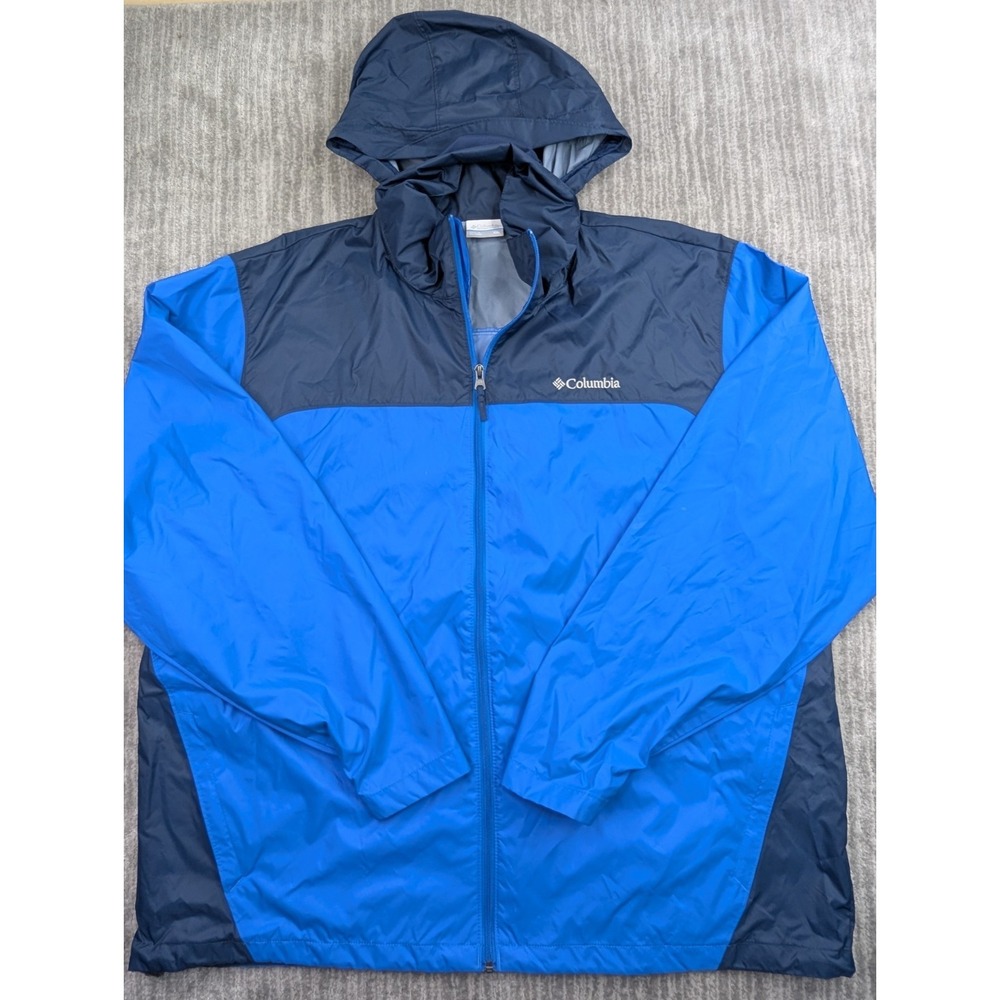 Columbia Rain Jacket Men's 2XL Blue Full Zip Packable Hooded Waterproof